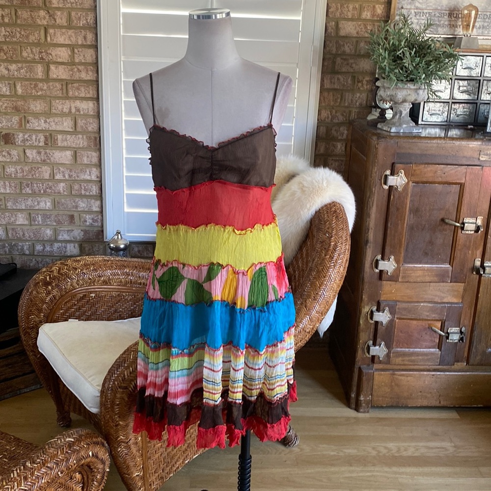 BCBGMAXRAZIA 2 STRAP TIERED MULTI COLOR SILK RUFFLE DRESS SUMMER 8 NEW